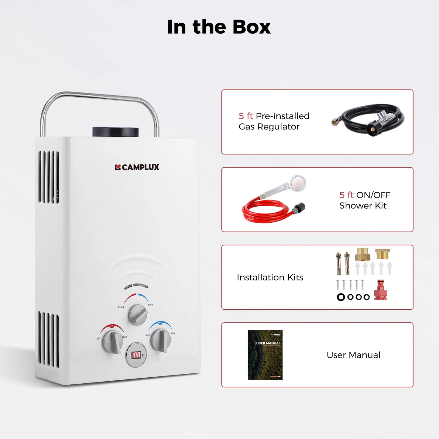 CAMPLUX Portable Water Heater, 1.58 GPM Tankless Propane Water Heater, 41,000 BTU Outdoor Water Heater for Camping, BW158, White