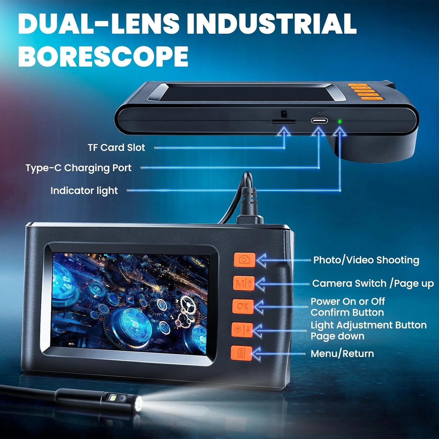 Dual Lens Endoscope Camera with 8 Adjustable Light 1080P 4.3 INCH Sewer Camera Inspection Camera IP67 Waterproof Tools for Men