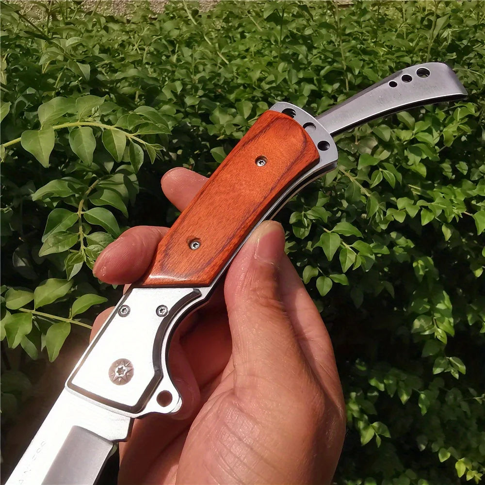 Swallowtail 10.63" Folding Knife with 5.71" 7CR13MOV Steel Blade, Red Sandalwood and Steel Handle, Outdoor Hunting and Camping