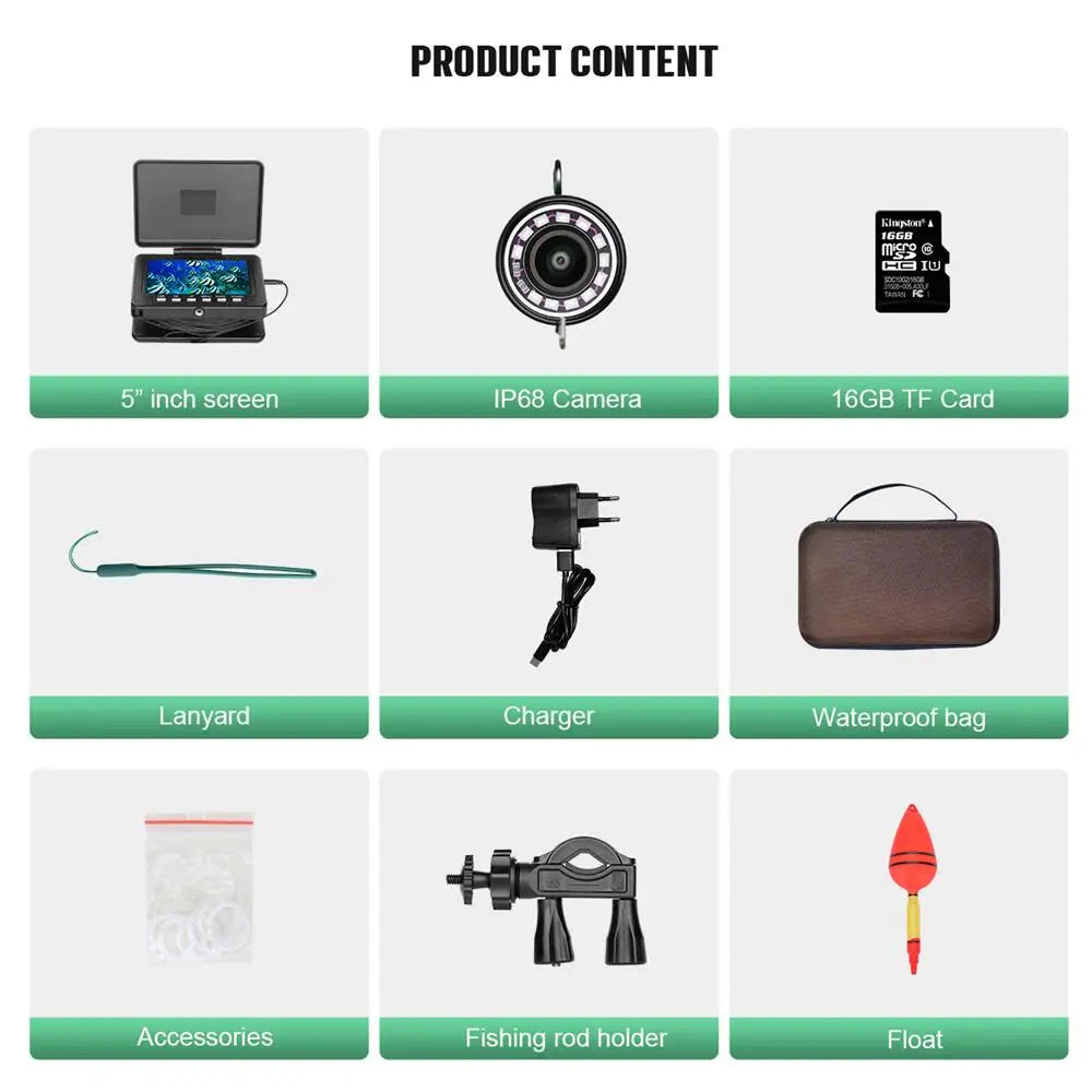 5 inch 16GB DVR Fish Finder Underwater Fishing Camera AHD 1280*720 Screen 12pcs Infrared Lamp 1080P 15m Camera For Ice Fishing