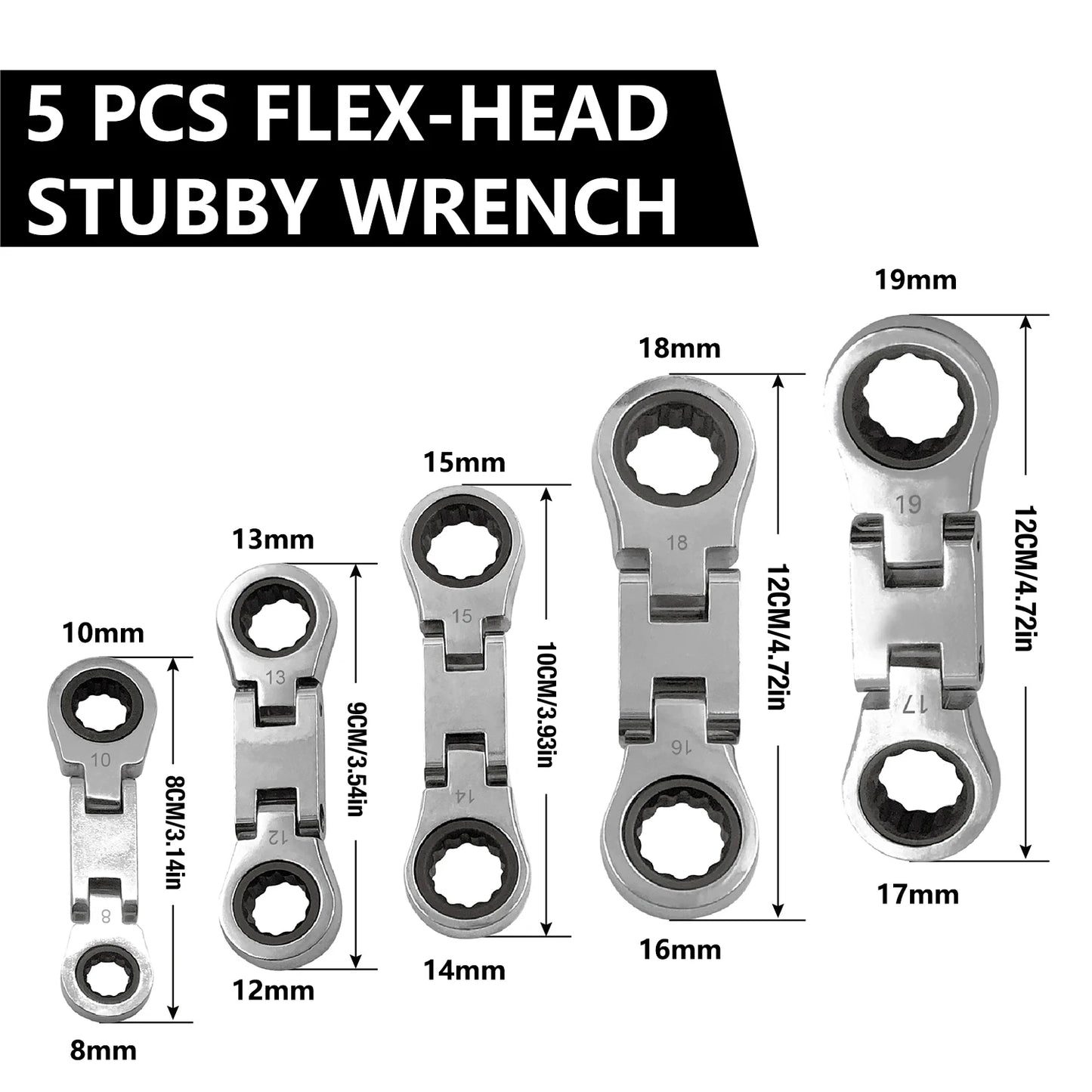 5pcs Dual Flex Head Ratcheting Wrench Set, Double Box End, Flex-Head, Stubby Metric Combination Wrench Set