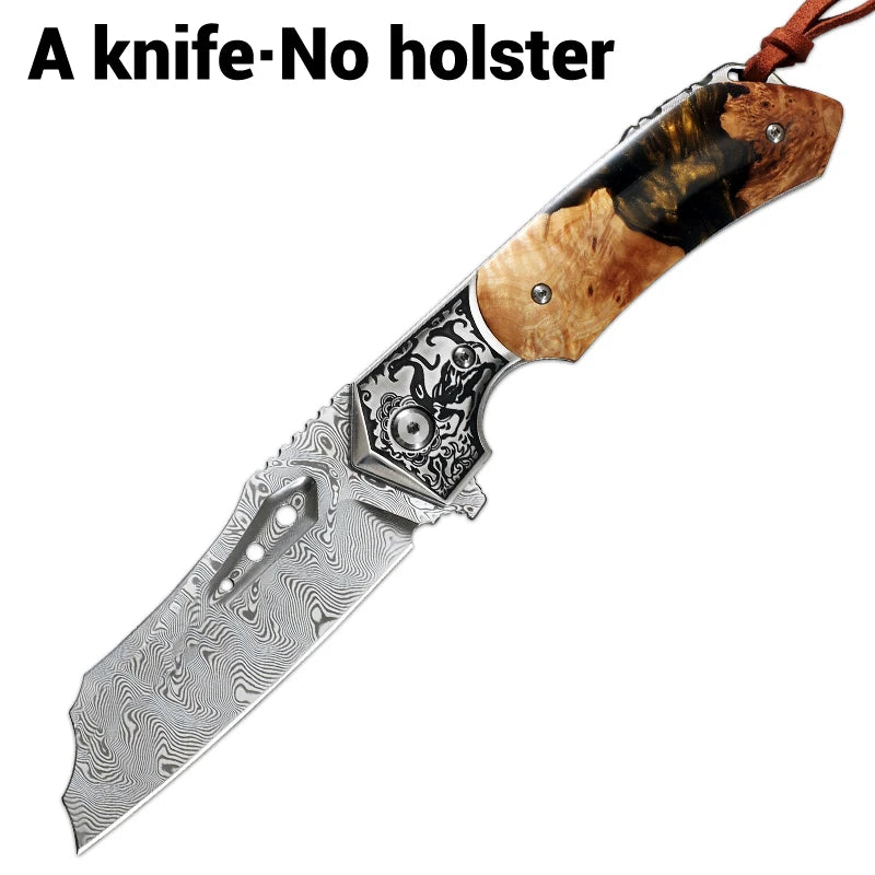 High Quality Men's Folding Pocket Knife,Damascus Steel Camping Folding Knife with Sheath,Outdoor Camping Hunting EDC Knife