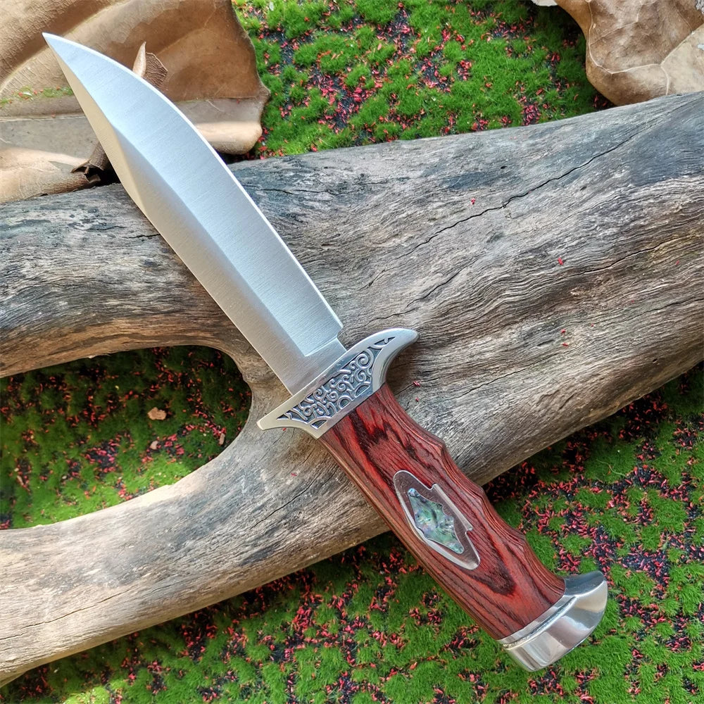 Outdoor Camping Knife, Fixed Blade Straight Knife with Wood Handle, 7Cr13 Steel Blade, Tactical and Survival Tool with Scabbard