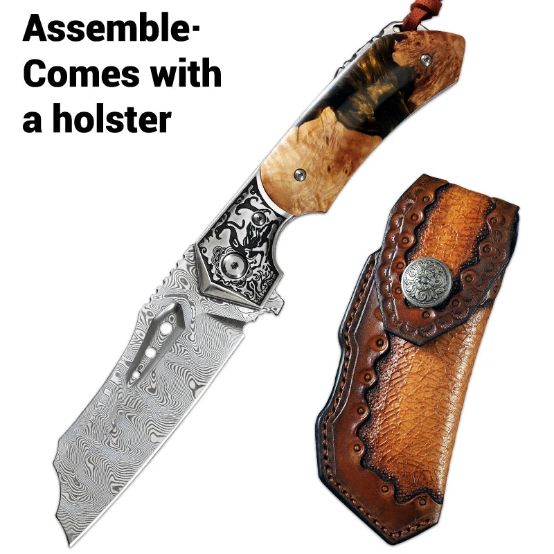 High Quality Men's Folding Pocket Knife,Damascus Steel Camping Folding Knife with Sheath,Outdoor Camping Hunting EDC Knife
