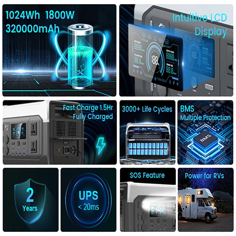 2600W 1800W Portable Power Station LiFePO4 battery UPS for Camping power outages Pure Sine Wave 220 230V 50Hz 1600W 110V 60Hz