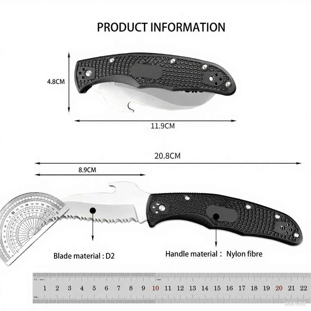 C12S Tactical Folding Knife 3.50 Inch D2 Blade Black Nylon Fiber Handle EDC Hunting Survival Knife Camping Essential Tool Gift