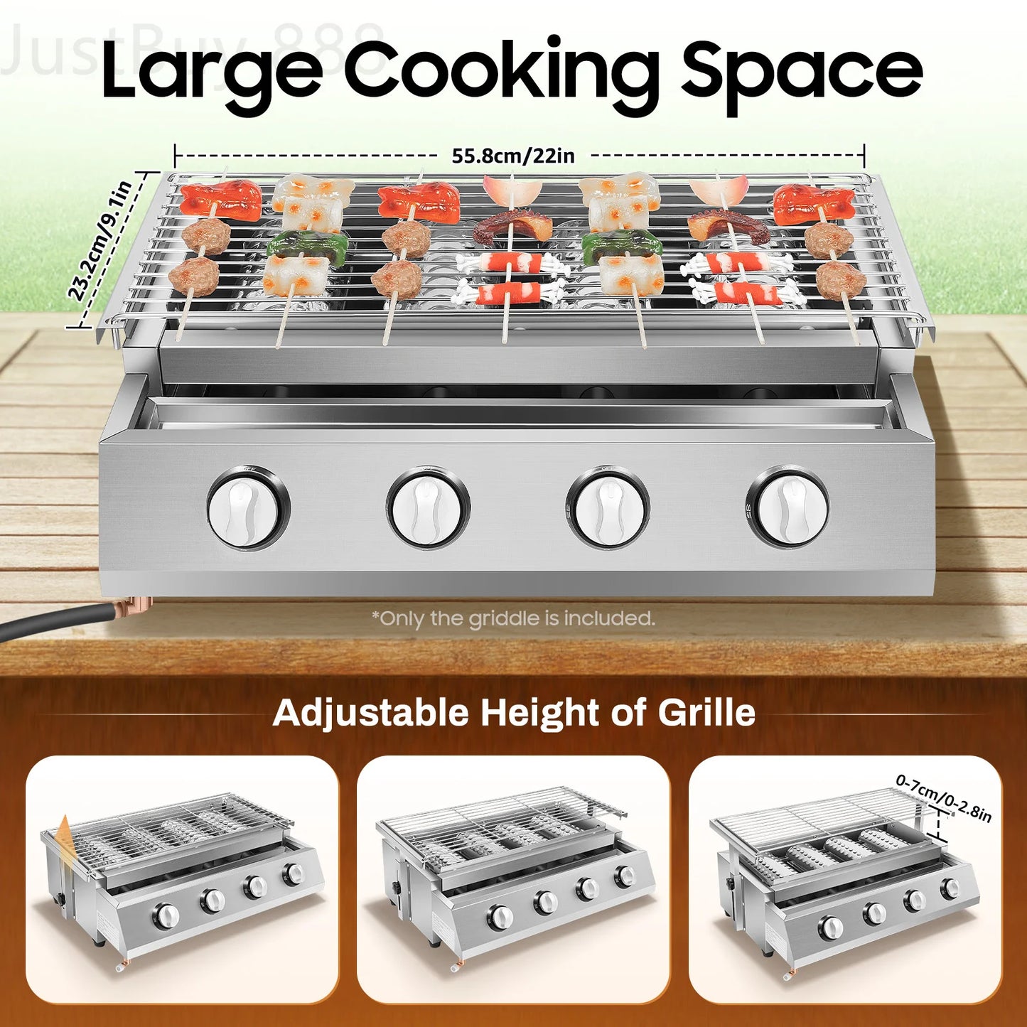 4-Burner Portable Gas Griddle 57x39cm Stainless Steel BBQ Grill Adjustable Flame and Smokeless for Outdoor Camping and Garden