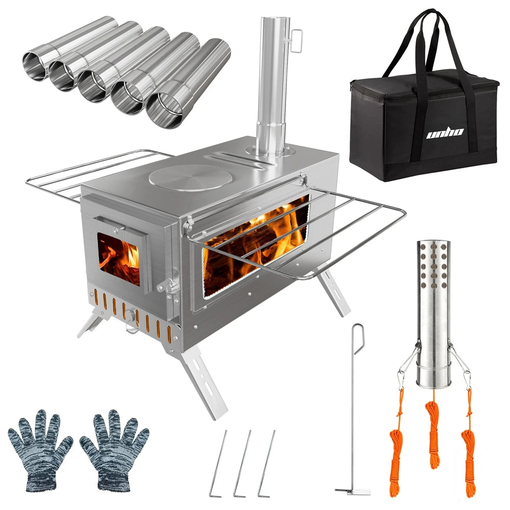 Hot Tent Stove,  Wood Burning Stove, Portable Wood Stove with 6 Stainless Chimney Pipes for Outdoor Heating & Cooking,  Fishing