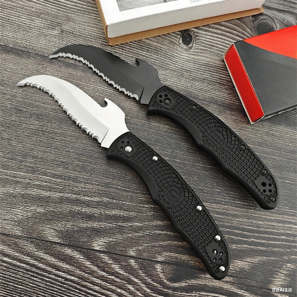 C12S Tactical Folding Knife 3.50 Inch D2 Blade Black Nylon Fiber Handle EDC Hunting Survival Knife Camping Essential Tool Gift