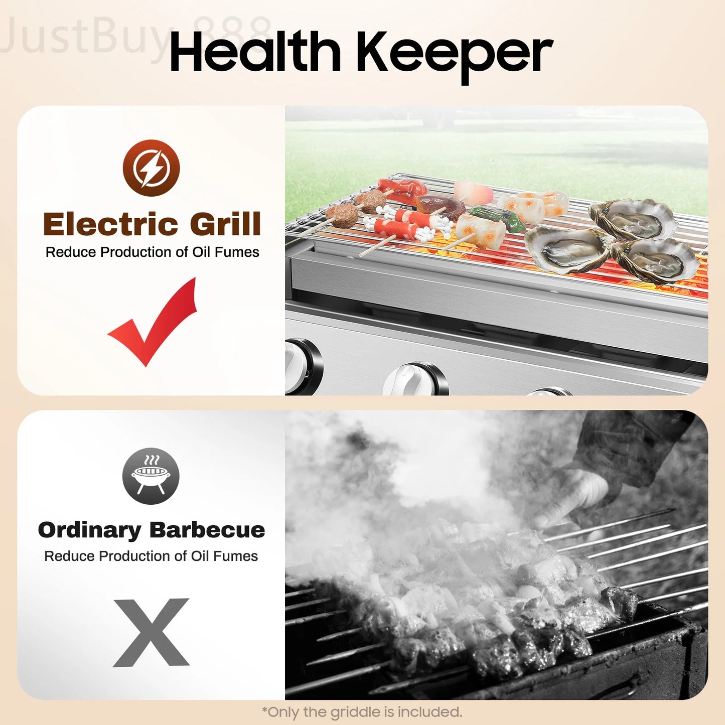 4-Burner Portable Gas Griddle 57x39cm Stainless Steel BBQ Grill Adjustable Flame and Smokeless for Outdoor Camping and Garden