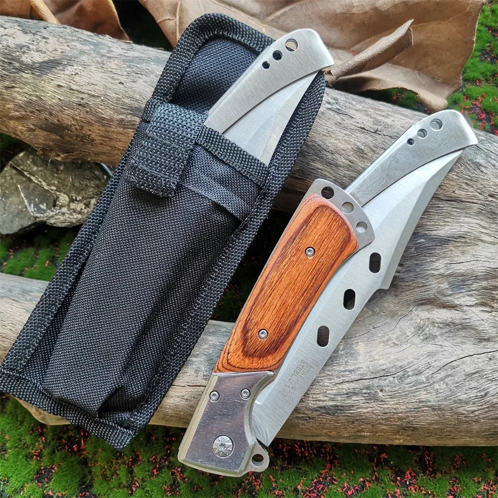 Heavy-Duty 8CR15MOV Folding Knife with Wood Handle: Tactical Tool for Outdoor Hunting, Camping & EDC