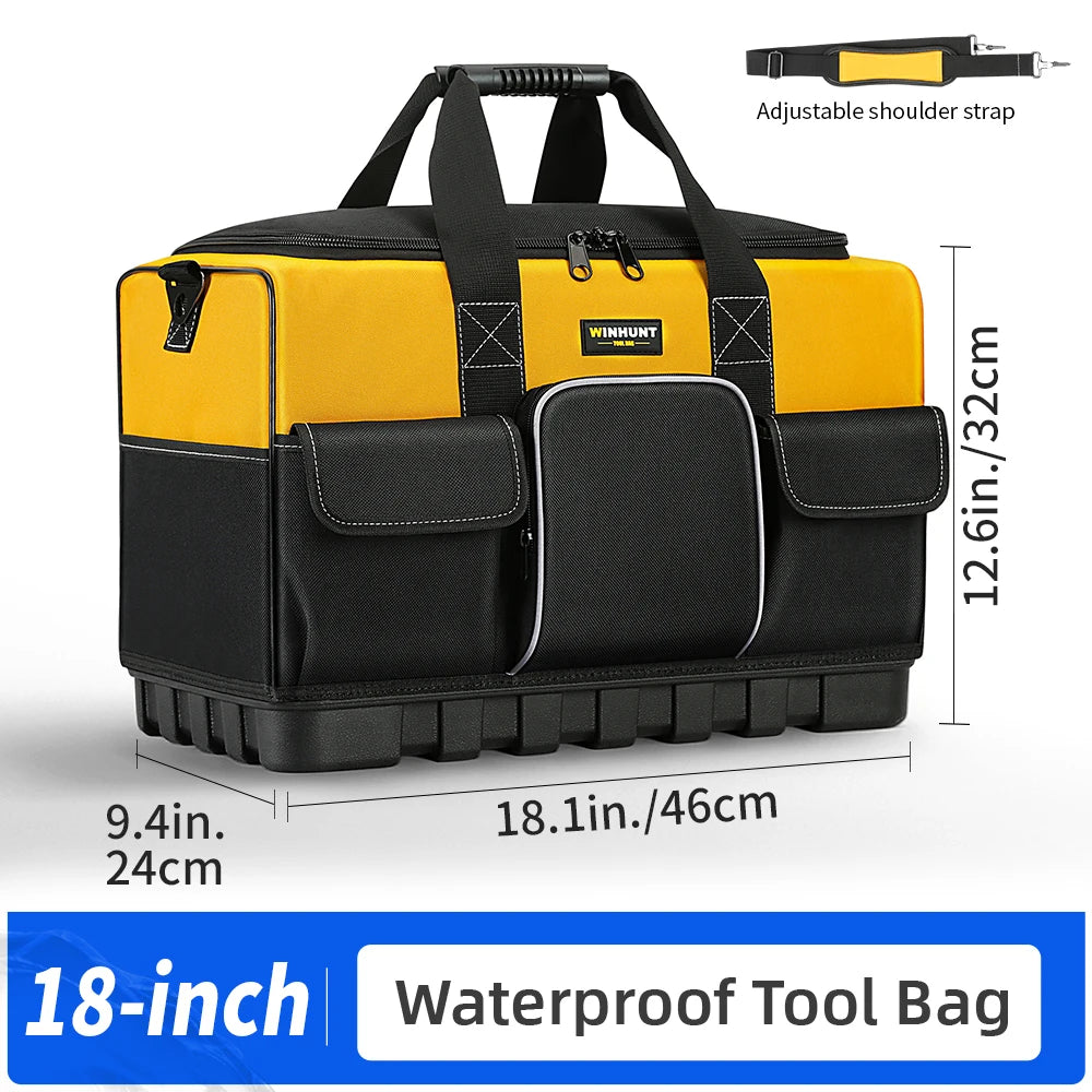 WINHUNT Heavy-Duty Tool Bag with Wide Mouth & Waterproof Base - Adjustable Shoulder Strap, Durable Polyester, Yellow/Black