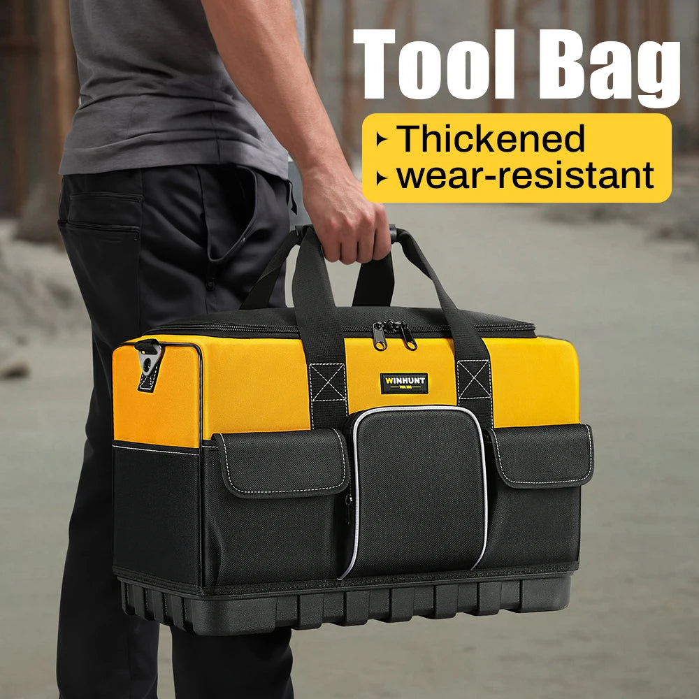 WINHUNT Heavy-Duty Tool Bag with Wide Mouth & Waterproof Base - Adjustable Shoulder Strap, Durable Polyester, Yellow/Black