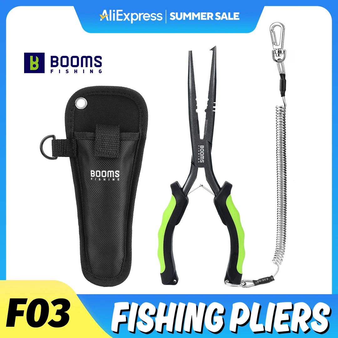 Booms Fishing F03 Multifunction Fishing Pliers Tools 23.5cm Straight Long Nose Stainless Steel Line Cutter Scissors Tools