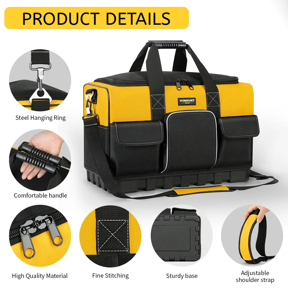 WINHUNT Heavy-Duty Tool Bag with Wide Mouth & Waterproof Base - Adjustable Shoulder Strap, Durable Polyester, Yellow/Black