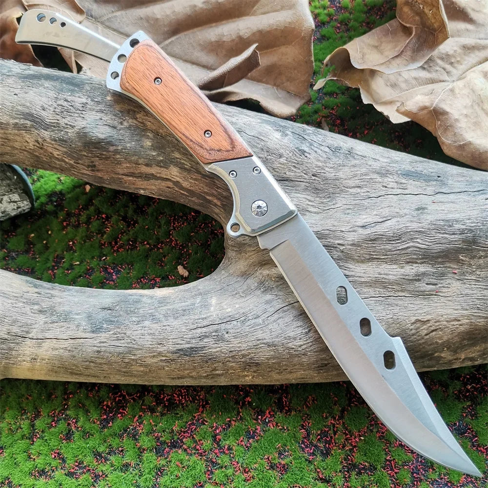 Heavy-Duty 8CR15MOV Folding Knife with Wood Handle: Tactical Tool for Outdoor Hunting, Camping & EDC