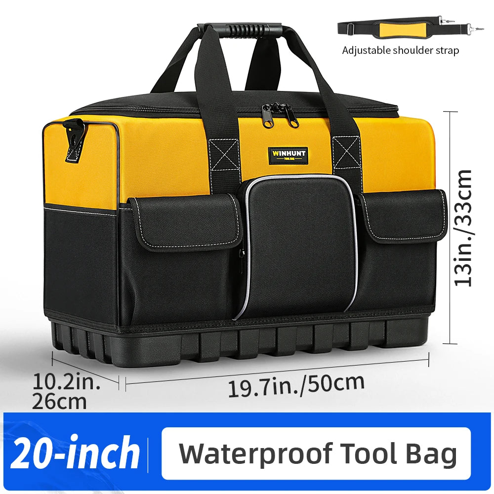 WINHUNT Heavy-Duty Tool Bag with Wide Mouth & Waterproof Base - Adjustable Shoulder Strap, Durable Polyester, Yellow/Black