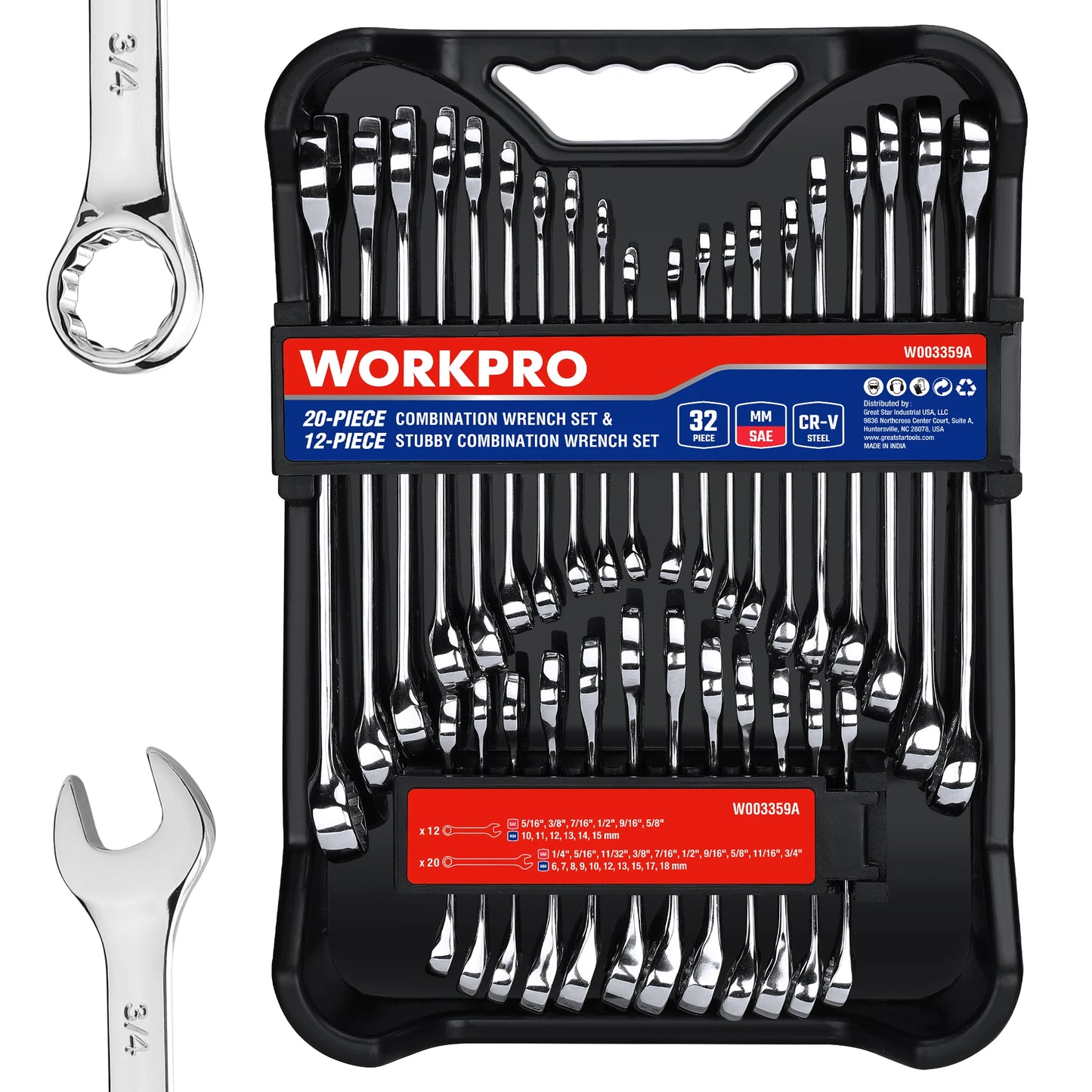 WORKPRO 32-Piece SAE & Metric Combination Wrenches Set, 20-Piece Standard wrenches and 12-Piece Stubby Wrenches with Organizer