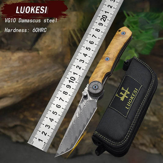VG10 Damascus Steel Camphor Wood Handle Knife With Back Clip Folding Outdoor Camping Fishing Portable Tools Collecting Gifts EDC