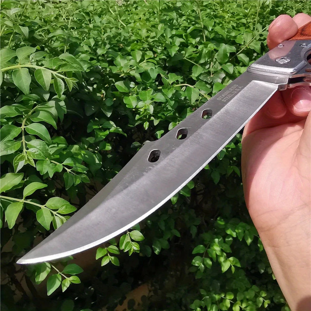 Swallowtail 10.63" Folding Knife with 5.71" 7CR13MOV Steel Blade, Red Sandalwood and Steel Handle, Outdoor Hunting and Camping