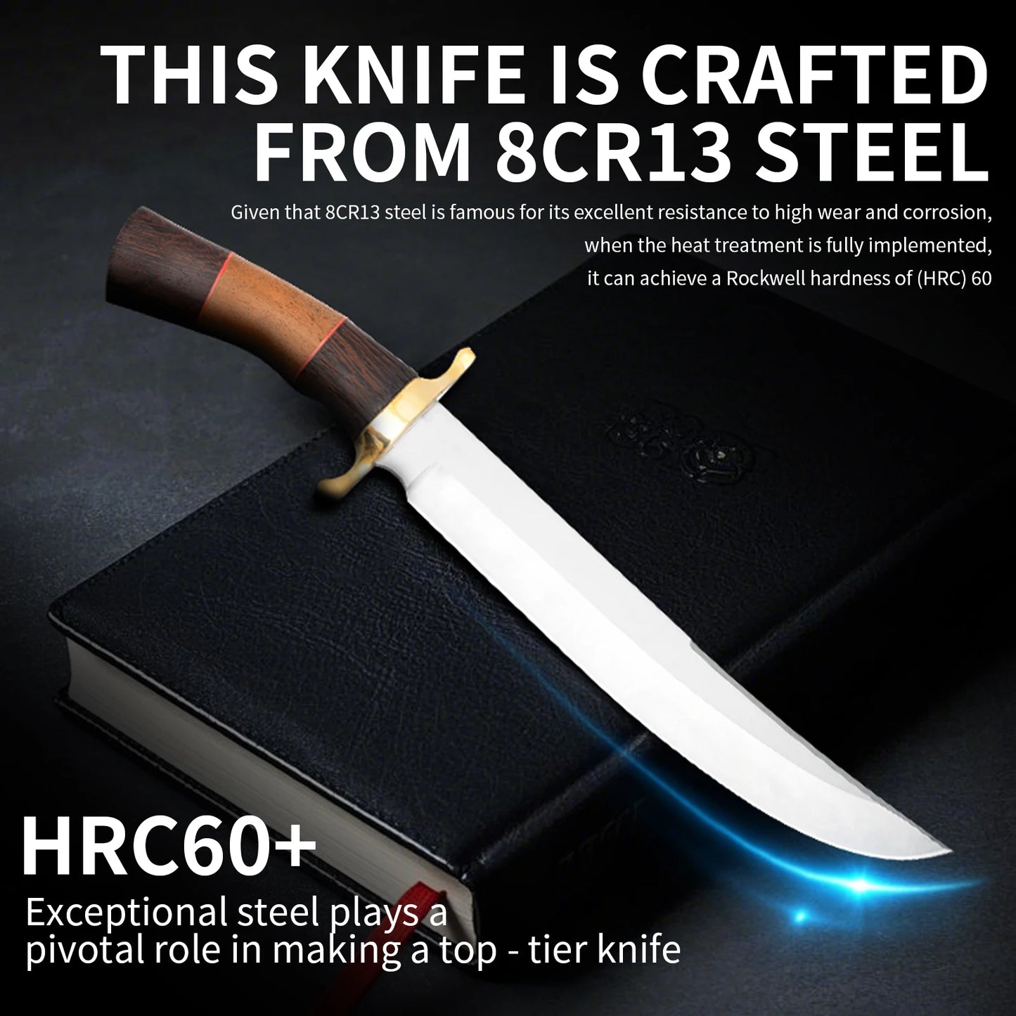 Jungle survival knife with stainless steel straight blade, designed for tropical rainforest survival gear