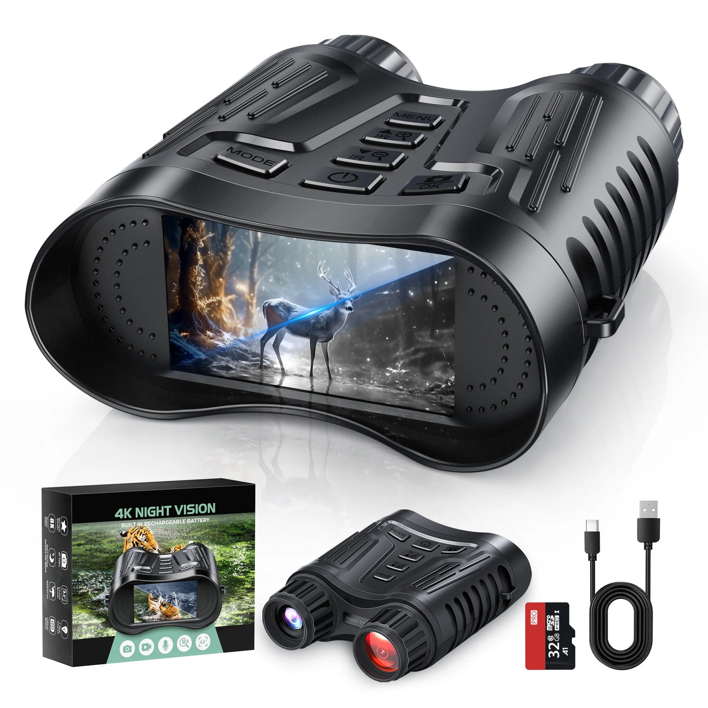 Rechargeable NightVision Telescope 4K UHD Infrared Telescope Camera Binocular Telescope 8X Zoom 300M for Hunting Camping Boating