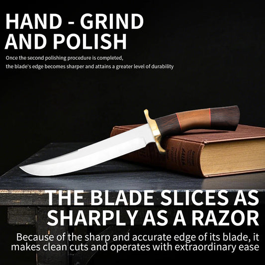 Jungle survival knife with stainless steel straight blade, designed for tropical rainforest survival gear