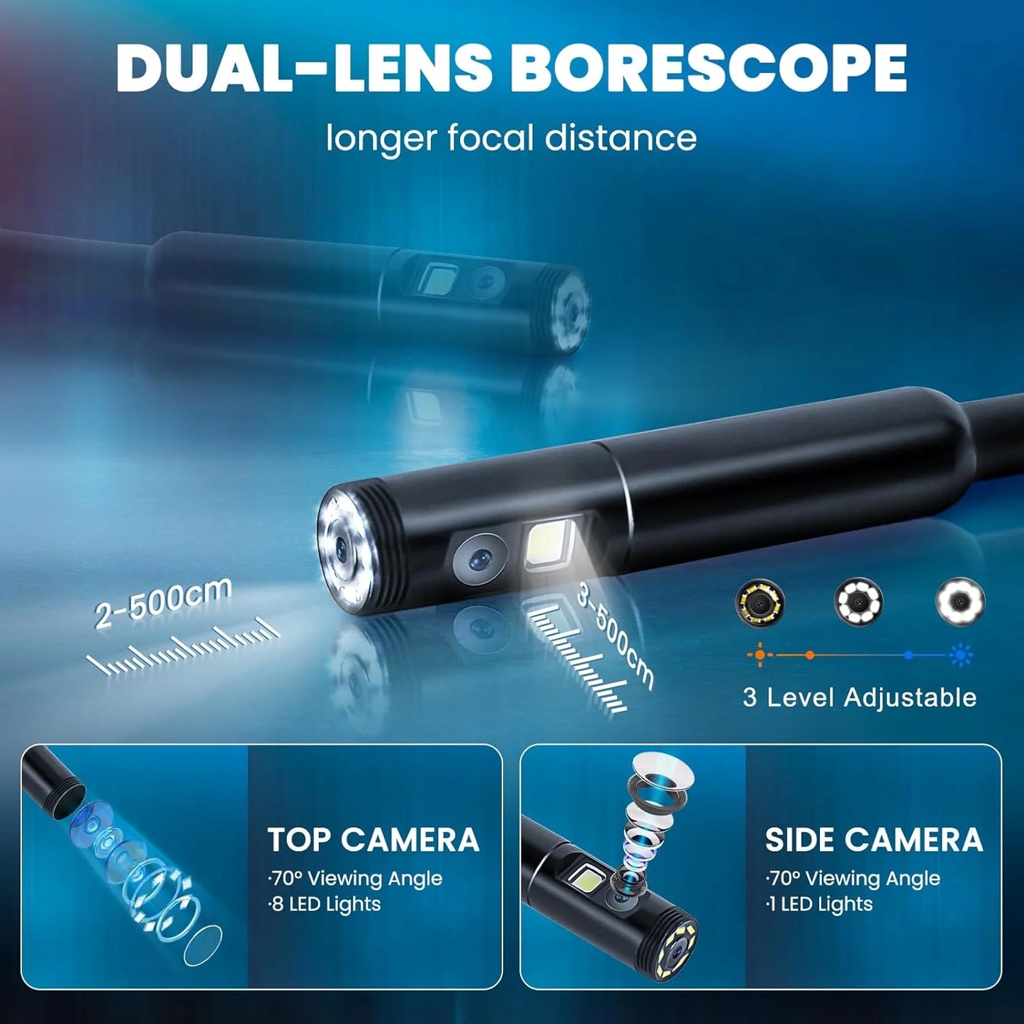 Dual Lens Endoscope Camera with 8 Adjustable Light 1080P 4.3 INCH Sewer Camera Inspection Camera IP67 Waterproof Tools for Men