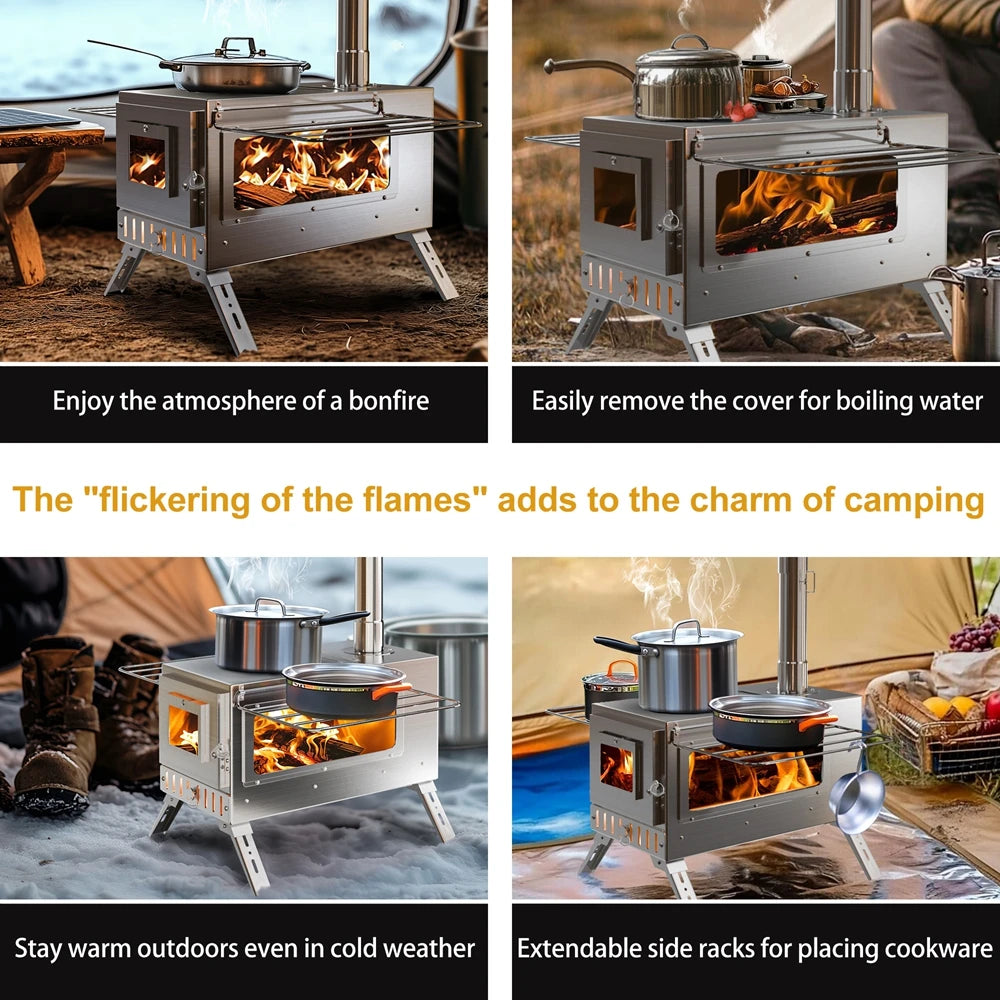Hot Tent Stove,  Wood Burning Stove, Portable Wood Stove with 6 Stainless Chimney Pipes for Outdoor Heating & Cooking,  Fishing