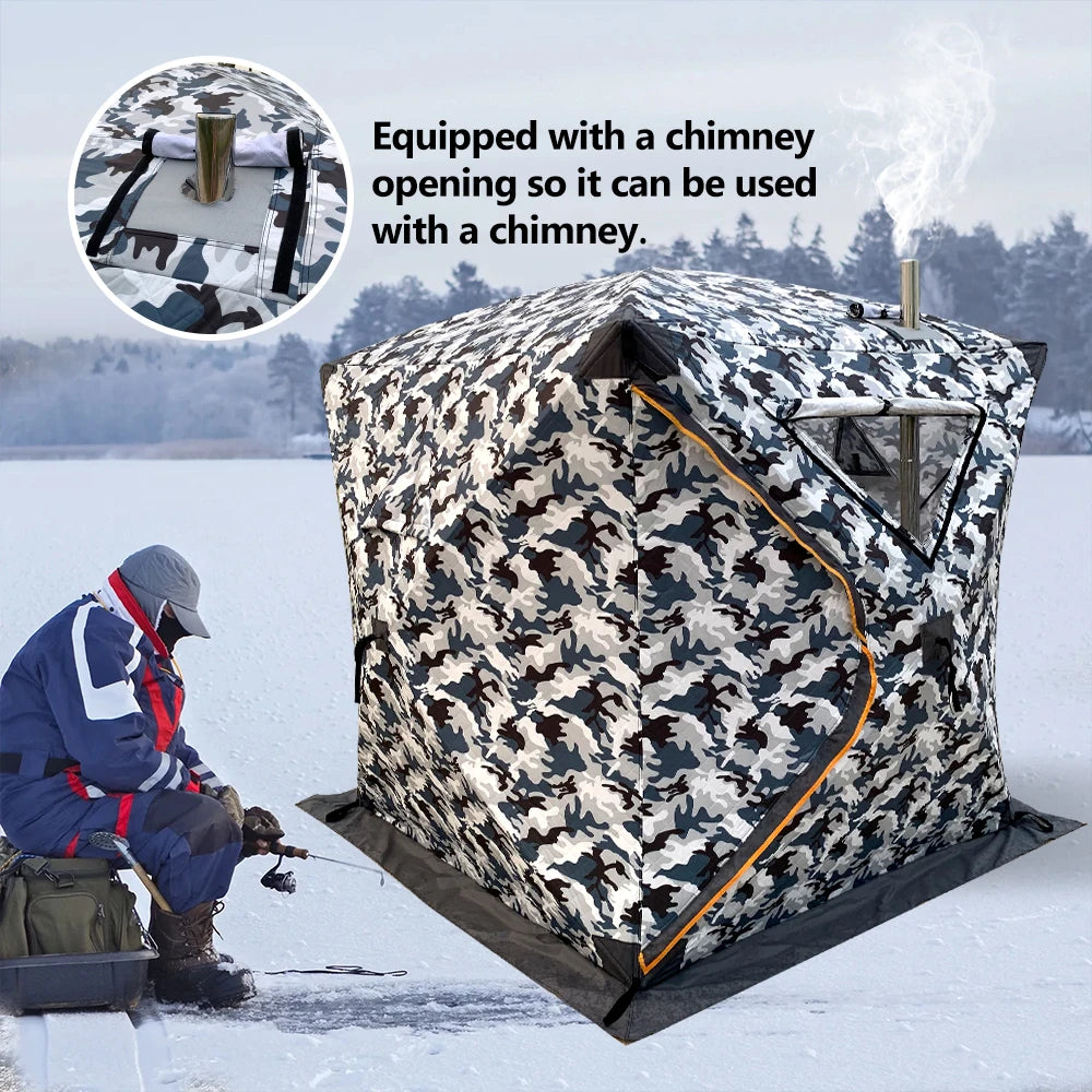 4 Person Ice Fishing Tent, Windproof Insulated Cotton Shelter with Quick Setup, Portable Thickened Warm Winter Tent for Outdoor