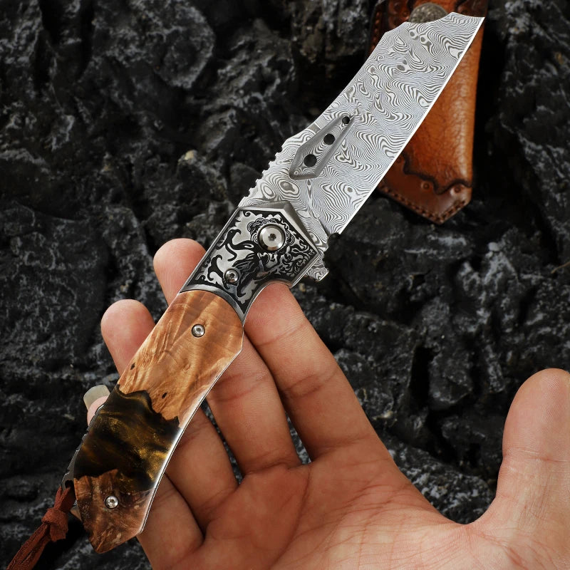High Quality Men's Folding Pocket Knife,Damascus Steel Camping Folding Knife with Sheath,Outdoor Camping Hunting EDC Knife