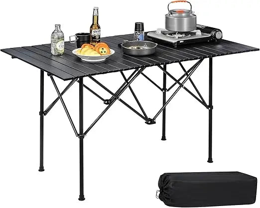 Roll Up Camping Tables That Fold Up, Lightweight Portable Compact Metal Camp Table for Grill Outdoor Picnic, Black Long