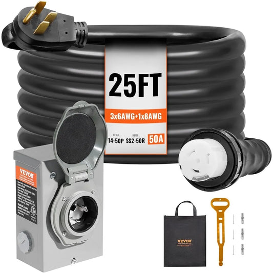 25-Foot VEVOR 50 Amp Generator Cord and Power Inlet Box Kit with NEMA 14-50P/SS2-50R STW 6/3+8/1 AWG Extension Cord