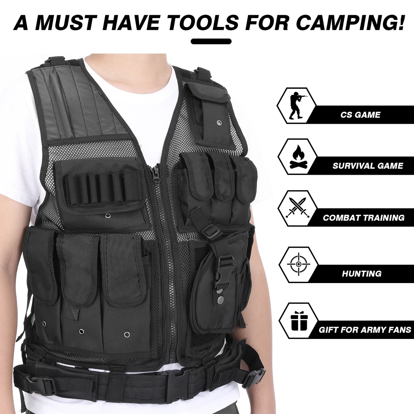 Outdoor Camping Tactical Vest Multi-Pockets Breathable Combat Vest Outdoor Military Airsoft Army Vest For Hunting Camping Hiking