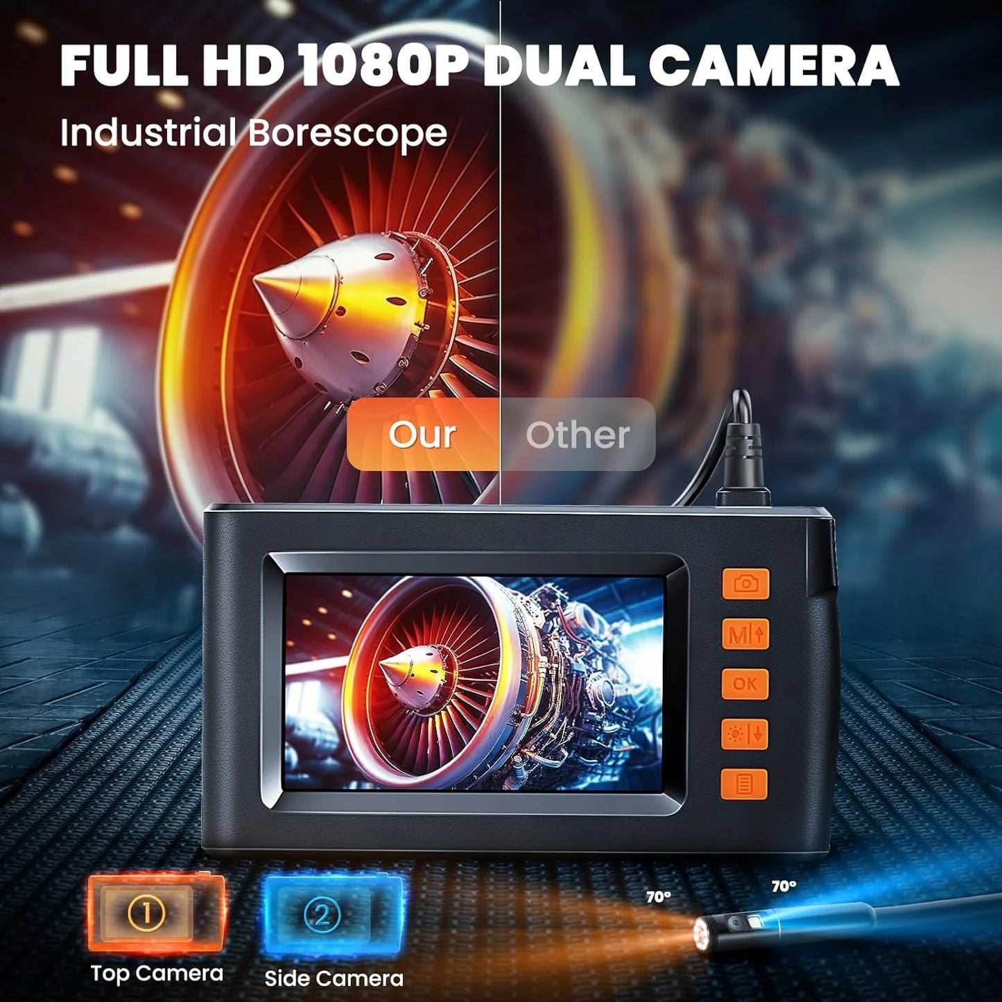 Dual Lens Endoscope Camera with 8 Adjustable Light 1080P 4.3 INCH Sewer Camera Inspection Camera IP67 Waterproof Tools for Men