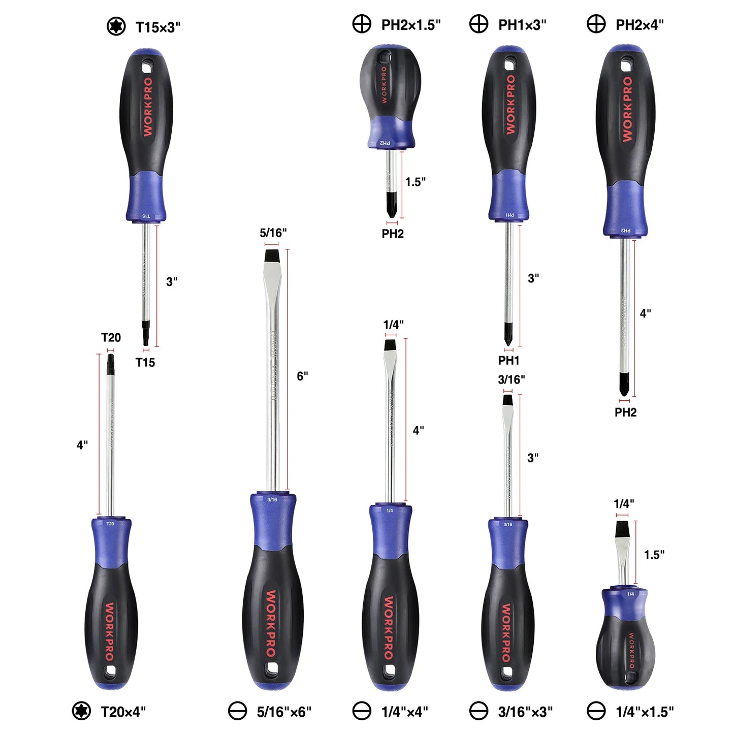 WORKPRO Magnetic Screwdriver Set 16-Piece Torx Slotted Phillips Precision Screwdrivers with Magnetizer, Organized in Blow Mold