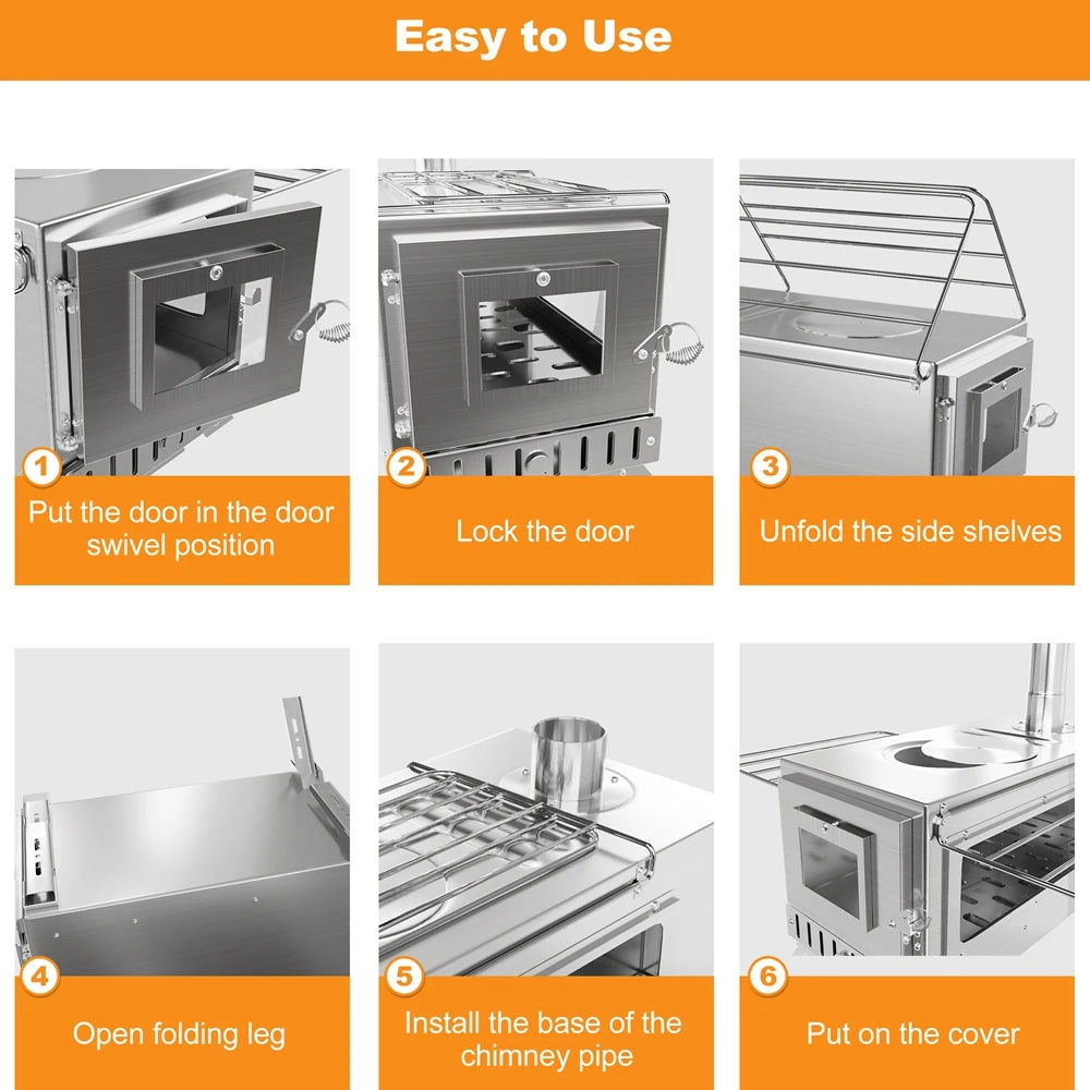 Hot Tent Stove,  Wood Burning Stove, Portable Wood Stove with 6 Stainless Chimney Pipes for Outdoor Heating & Cooking,  Fishing