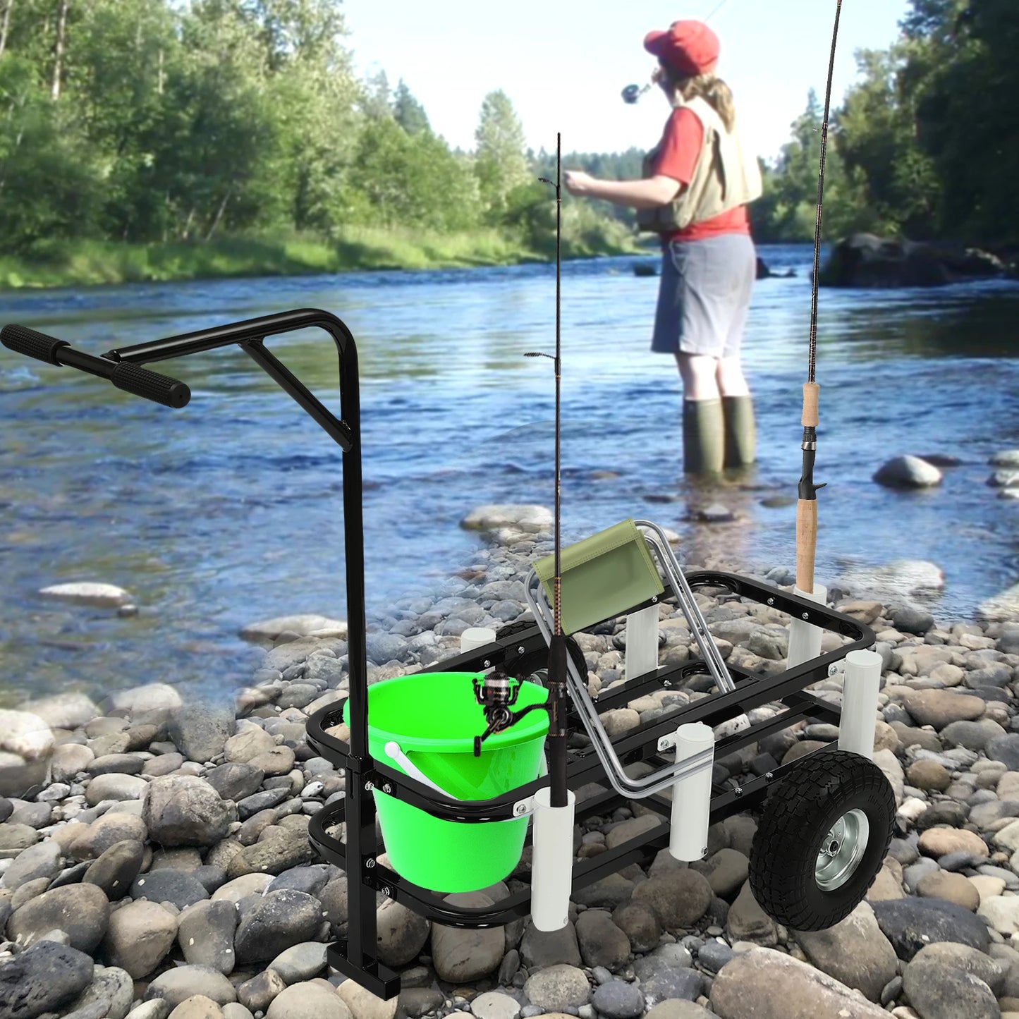 Fishing Cart, Durable High-carbon Steel, 198.42lbs Load Capacity,7 Rod Holders, Large Frame for Fishing Gear, Comfortable Handle