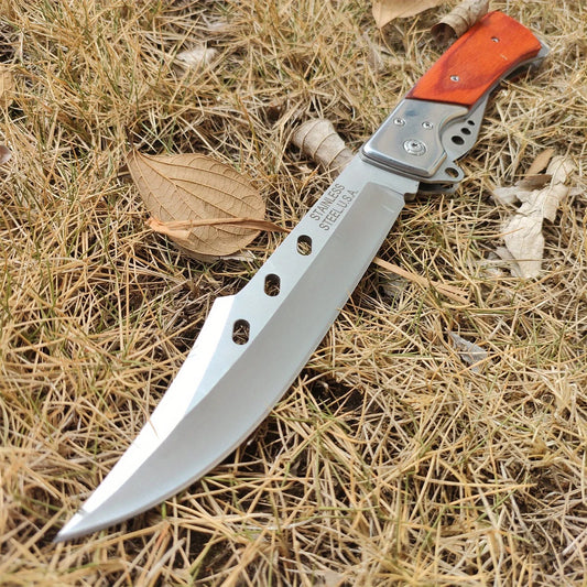 Swallowtail 10.63" Folding Knife with 5.71" 7CR13MOV Steel Blade, Red Sandalwood and Steel Handle, Outdoor Hunting and Camping