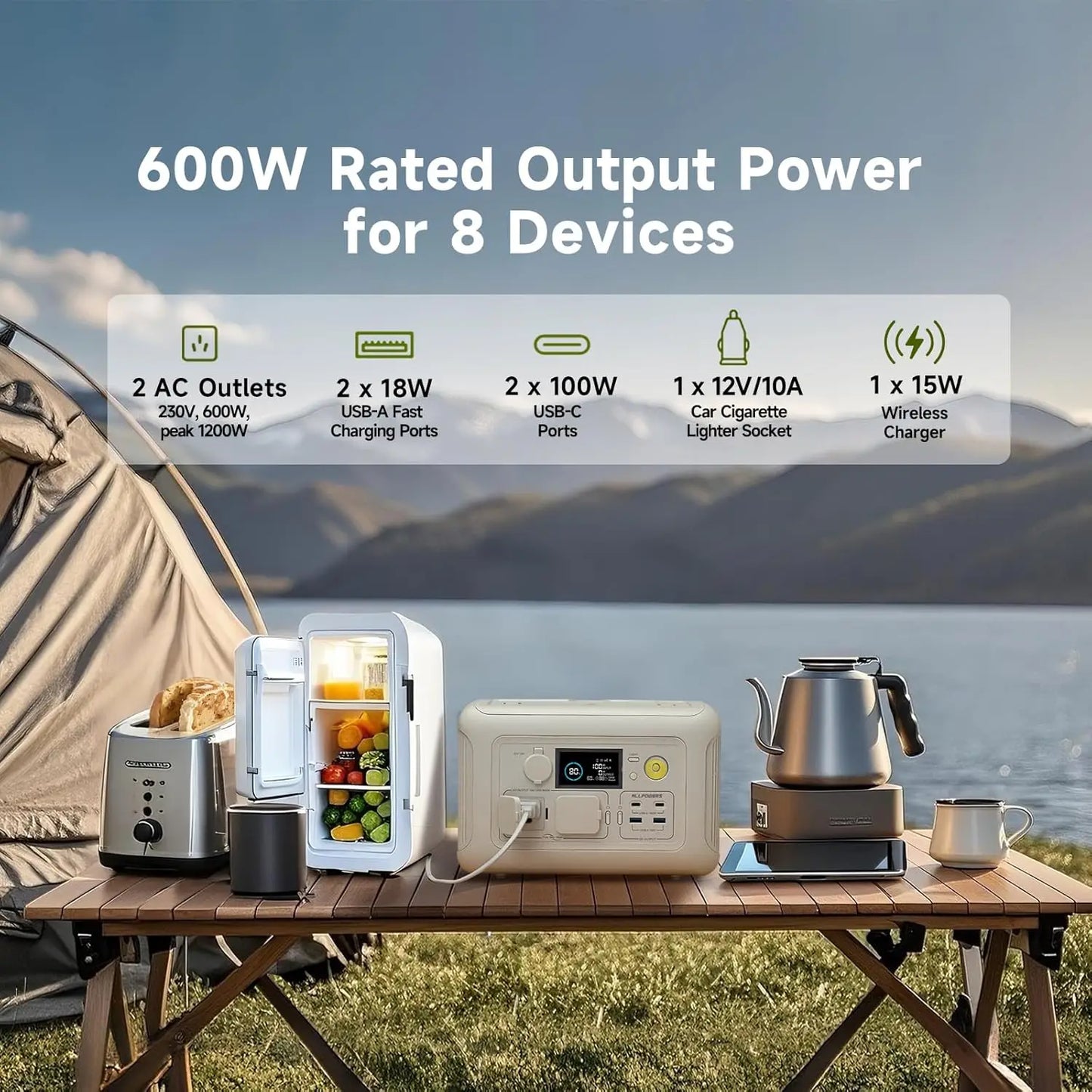 ALLPOWERS R600 Portable Power Station 600W 299Wh LiFePO4 Solar Generator UPS Battery Backup MPPT & 100W Solar panel for Camping