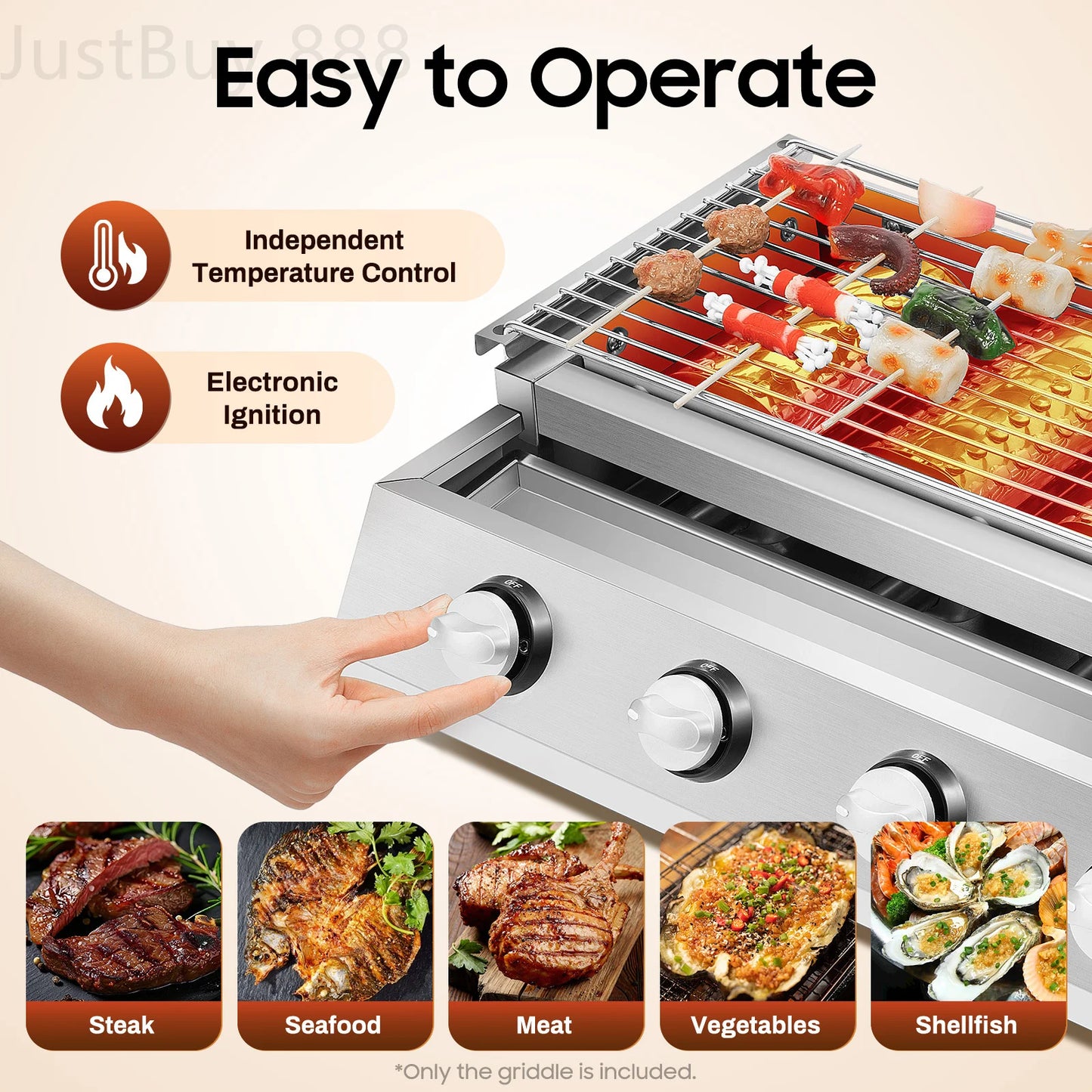 4-Burner Portable Gas Griddle 57x39cm Stainless Steel BBQ Grill Adjustable Flame and Smokeless for Outdoor Camping and Garden