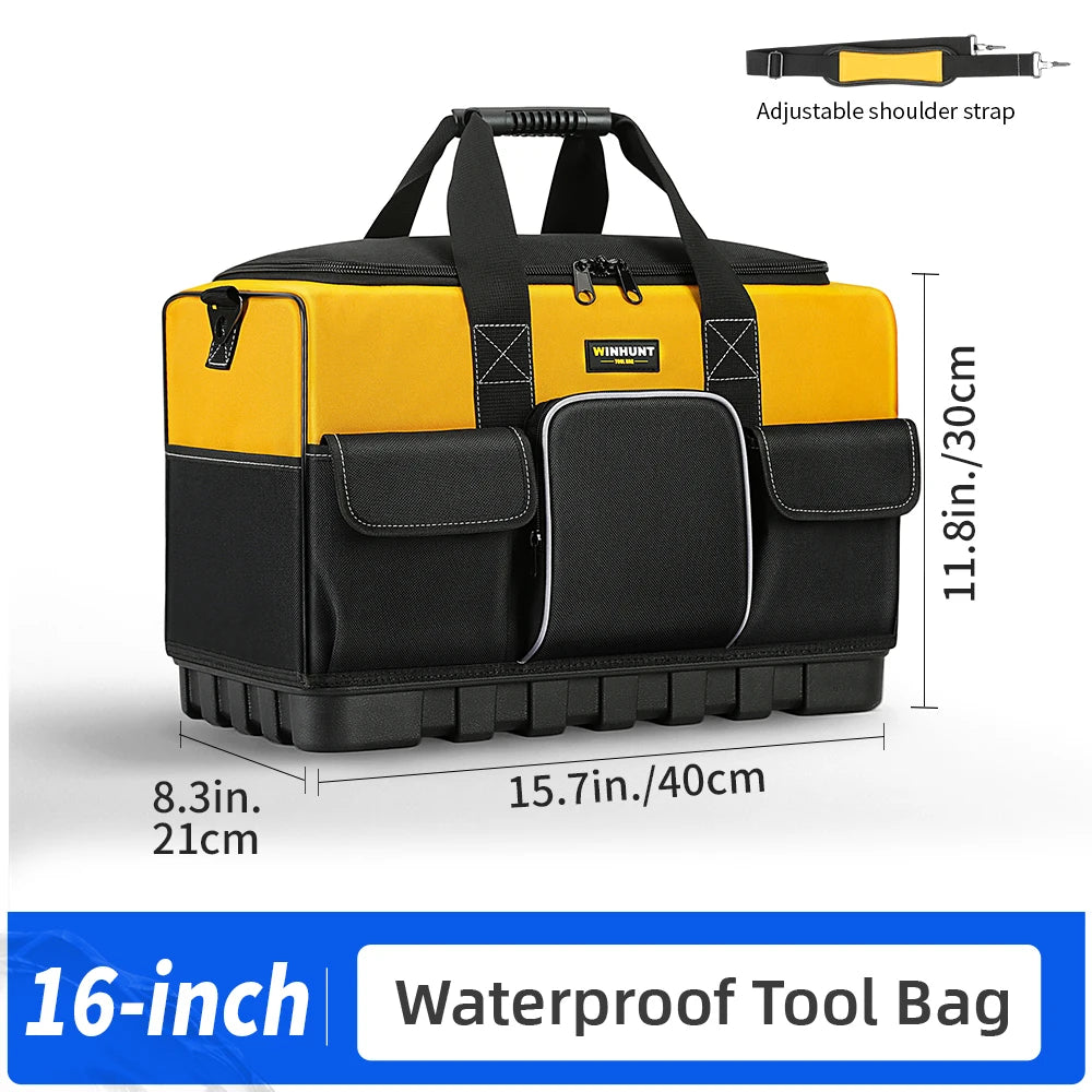 WINHUNT Heavy-Duty Tool Bag with Wide Mouth & Waterproof Base - Adjustable Shoulder Strap, Durable Polyester, Yellow/Black