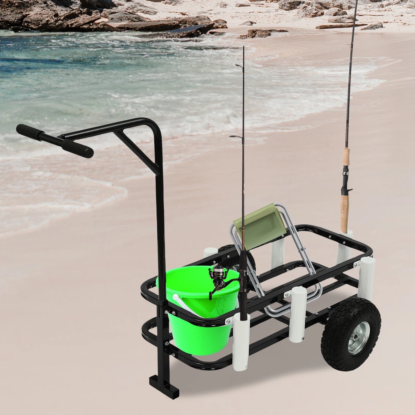 Fishing Cart, Durable High-carbon Steel, 198.42lbs Load Capacity,7 Rod Holders, Large Frame for Fishing Gear, Comfortable Handle