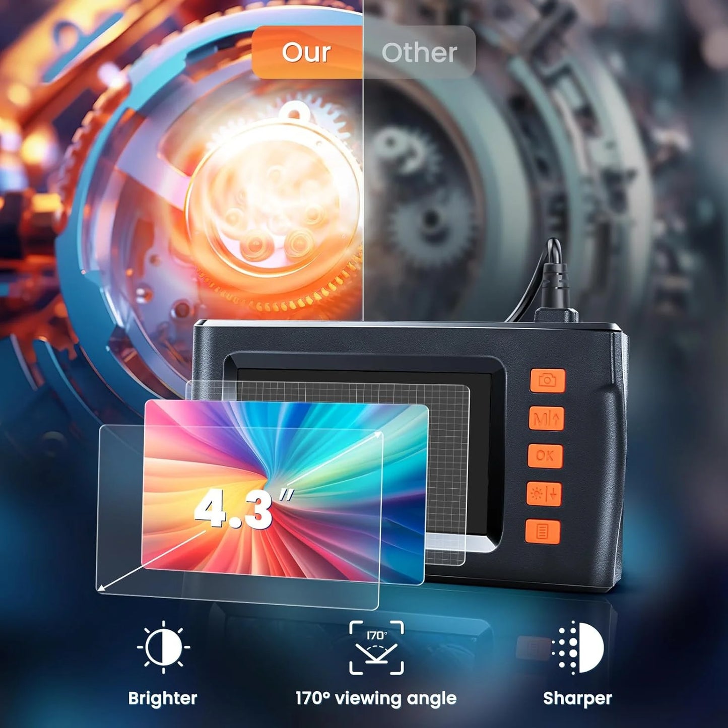 Dual Lens Endoscope Camera with 8 Adjustable Light 1080P 4.3 INCH Sewer Camera Inspection Camera IP67 Waterproof Tools for Men