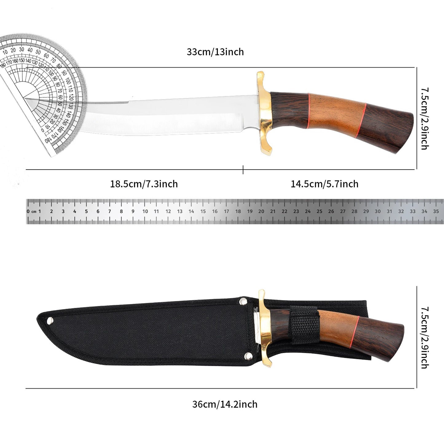 Jungle survival knife with stainless steel straight blade, designed for tropical rainforest survival gear
