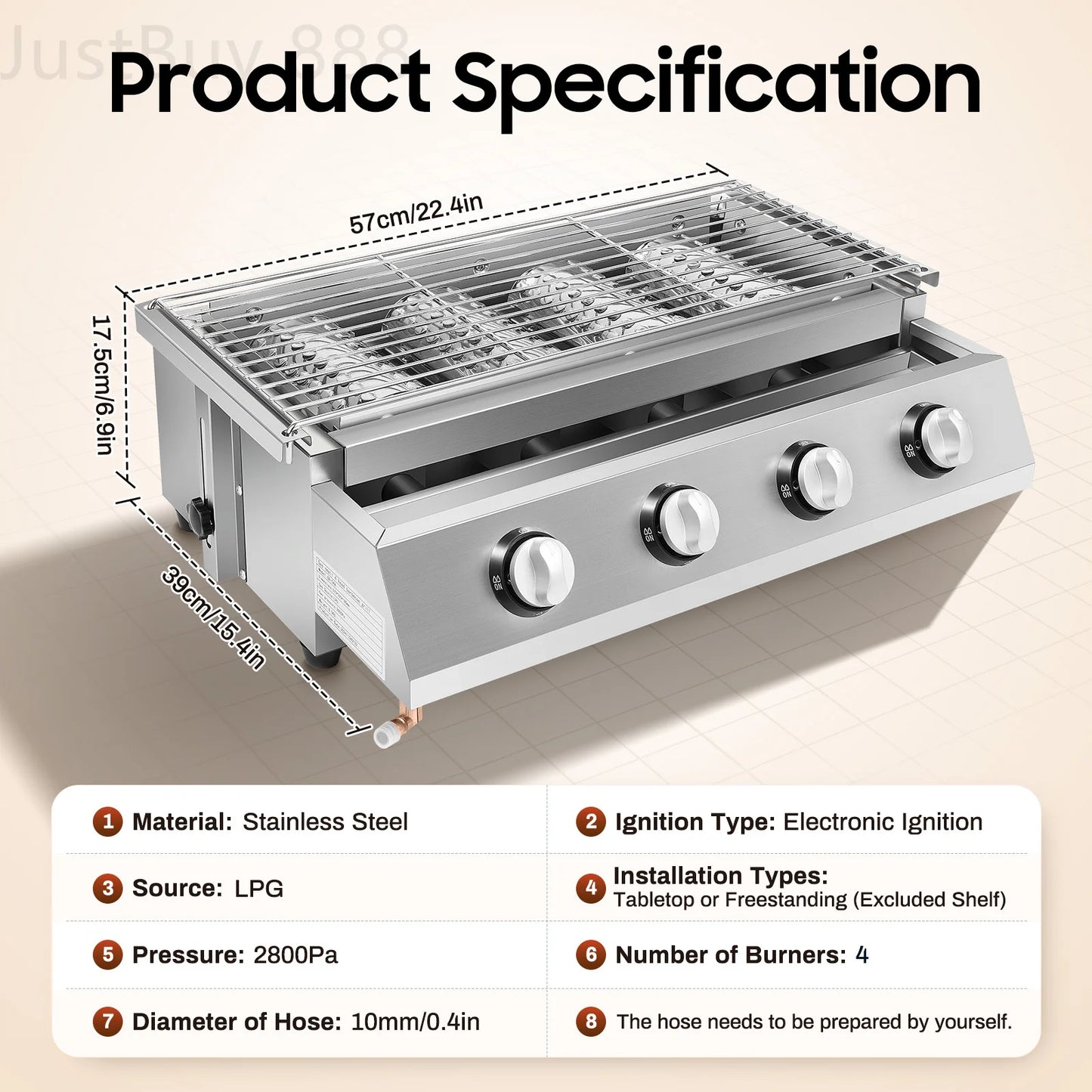 4-Burner Portable Gas Griddle 57x39cm Stainless Steel BBQ Grill Adjustable Flame and Smokeless for Outdoor Camping and Garden