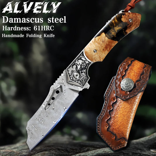 High Quality Men's Folding Pocket Knife,Damascus Steel Camping Folding Knife with Sheath,Outdoor Camping Hunting EDC Knife