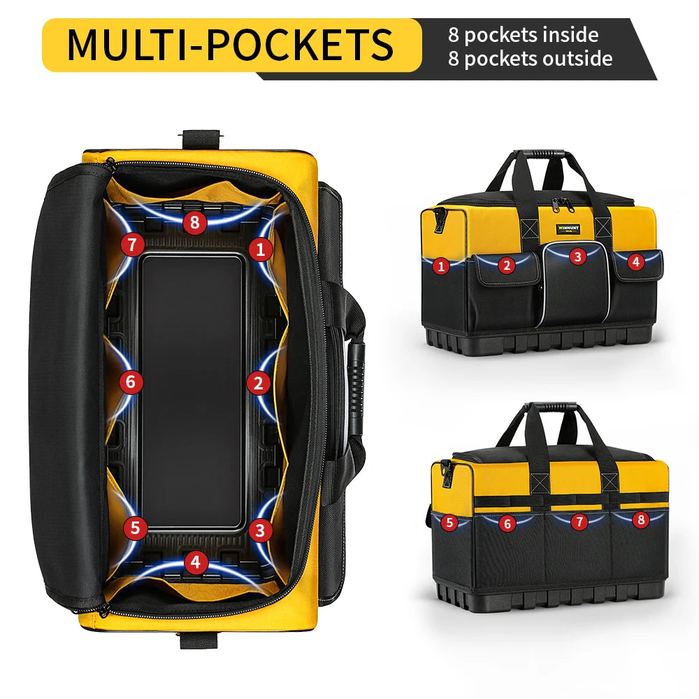 WINHUNT Heavy-Duty Tool Bag with Wide Mouth & Waterproof Base - Adjustable Shoulder Strap, Durable Polyester, Yellow/Black