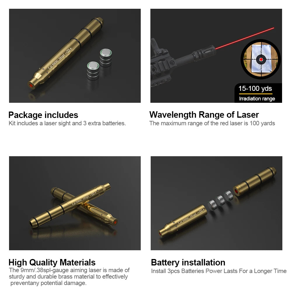 9MM/38SPL Red Laser Boresighter Cartridge Dot Sight for Pistol & Rifle Scope - Hunting Accessory Training Shoot Sight