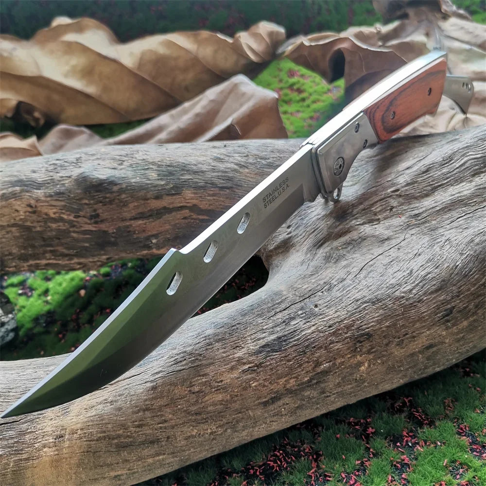 Heavy-Duty 8CR15MOV Folding Knife with Wood Handle: Tactical Tool for Outdoor Hunting, Camping & EDC